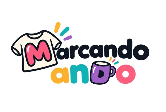 Marcando Ando, logo con una polera rosada con una M y un tazón morado